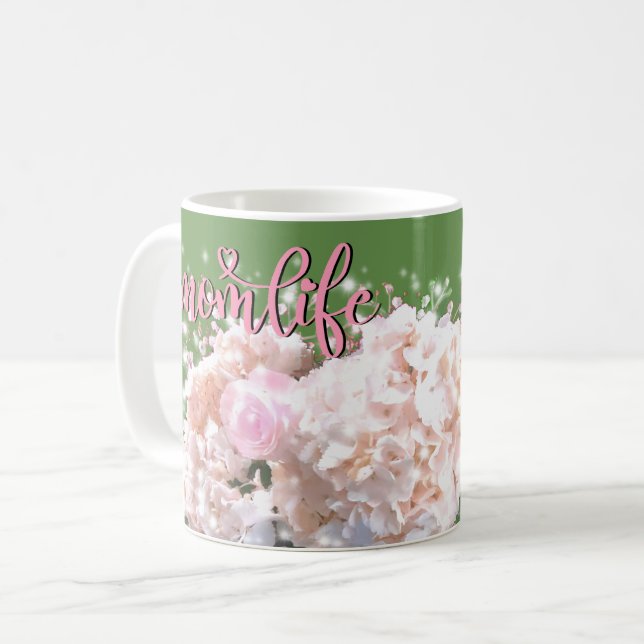 Romantic white lace hydrangeas pink roses #momlife coffee mug (Front Left)