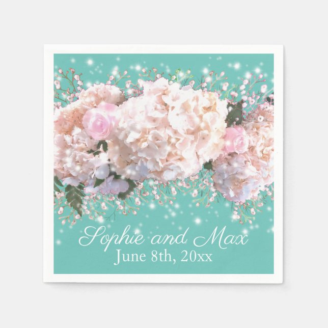 Romantic white lace hydrangeas pink roses napkin (Front)