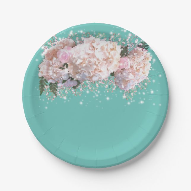 Romantic white lace hydrangeas pink roses paper plate (Front)
