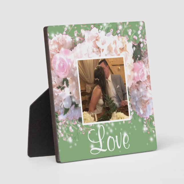 Romantic white lace hydrangeas,  pink roses plaque (Front)