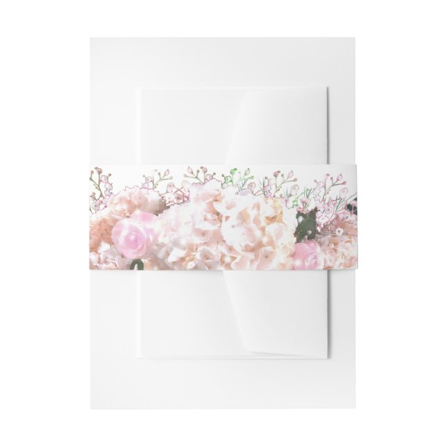 Romantic white lace hydrangeas pink roses Wedding Invitation Belly Band (Front Example)