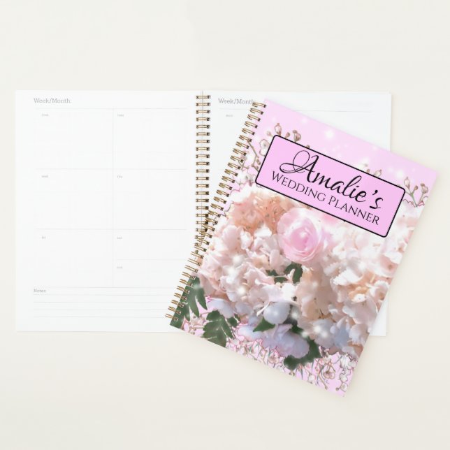 Romantic white lace hydrangeas pink roses Wedding  Planner (Display)