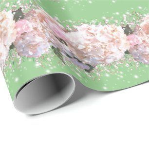 Romantic white lace hydrangeas pink roses wrapping paper