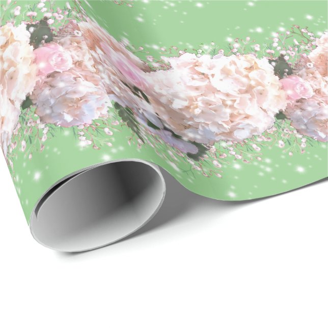Romantic white lace hydrangeas pink roses wrapping paper (Roll Corner)