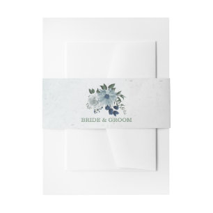 romantic white navy & dusty blue flowers wedding invitation belly band