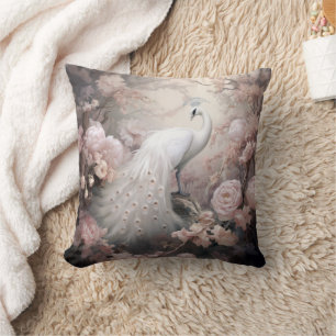 Romantic White Peacock and Blush Pink Flowers Cushion