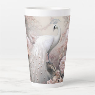 Romantic White Peacock and Blush Pink Flowers Latte Mug