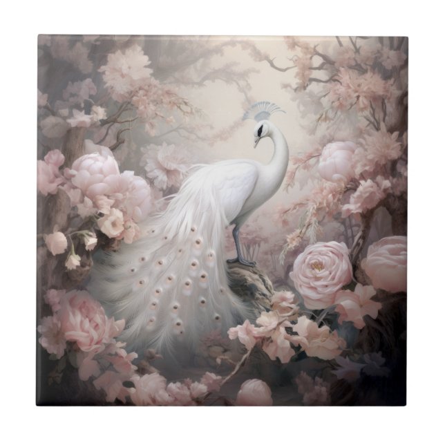 Romantic White Peacock and Blush Pink Flowers Tile (Front)