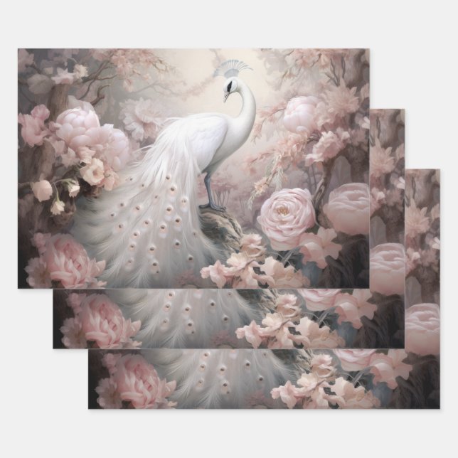 Romantic White Peacock and Blush Pink Flowers Wrapping Paper Sheet (Set)