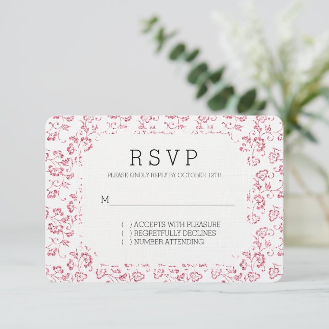 Romantic White Pink Glitter Floral Wedding RSVP Card (Standing Front)