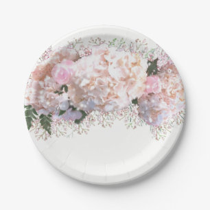 Romantic white pink hydrangeas, pink white flowers paper plate