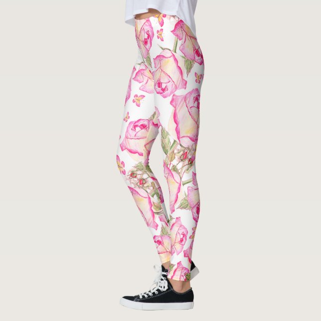 Romantic white pink yellow summer rose floral leggings (Left)