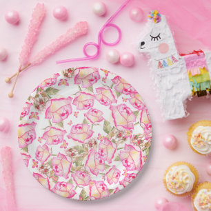 Romantic white pink yellow summer rose floral paper plate