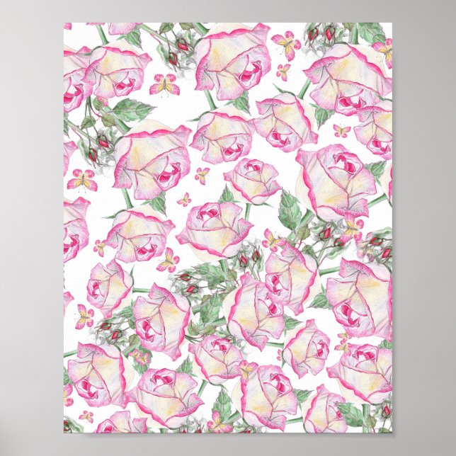 Romantic white pink yellow summer rose floral poster (Front)