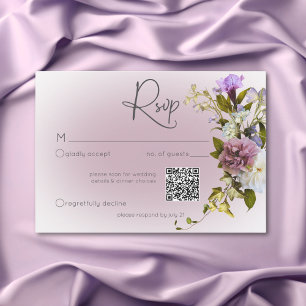 Romantic White & Purple Floral Modern Wedding QR RSVP Card