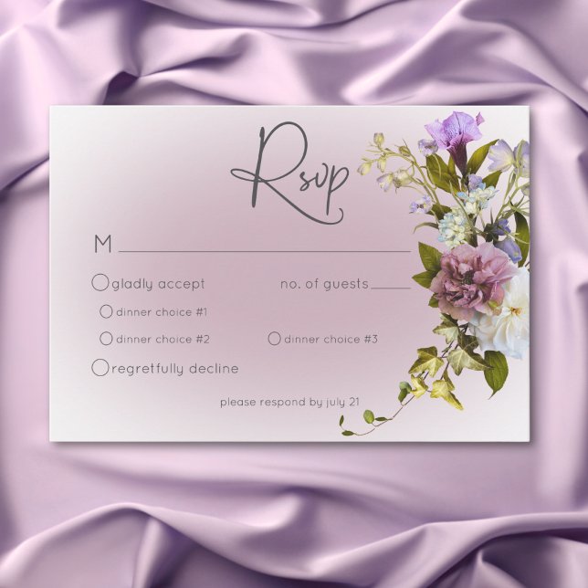 Romantic White & Purple Floral Modern Wedding RSVP Card (Romantic White & Purple Floral Modern Wedding RSVP Card)