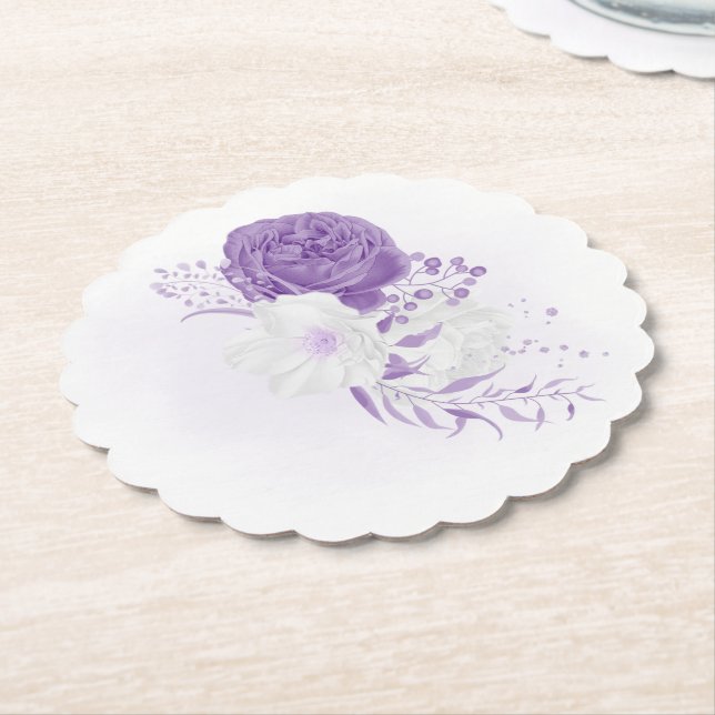 romantic white & purple wedding paper coaster (Angled)