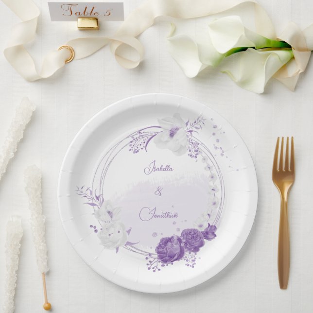 romantic white & purple wedding paper plate (Wedding)