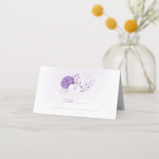 romantic white & purple wedding place card (Front)