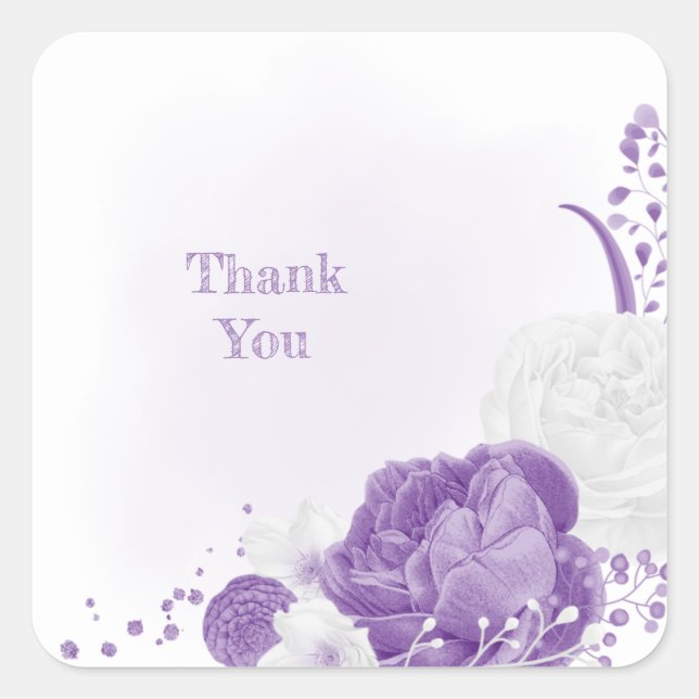 romantic white & purple wedding square sticker (Front)