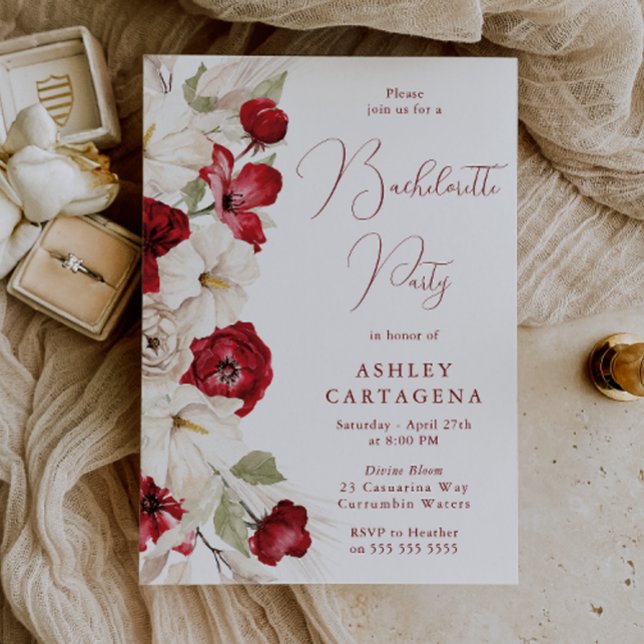 Romantic White & Red Floral Bachelorette Party Invitation (Creator Uploaded)