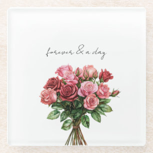 Romantic White Red Pink Roses Floral Wedding Glass Coaster