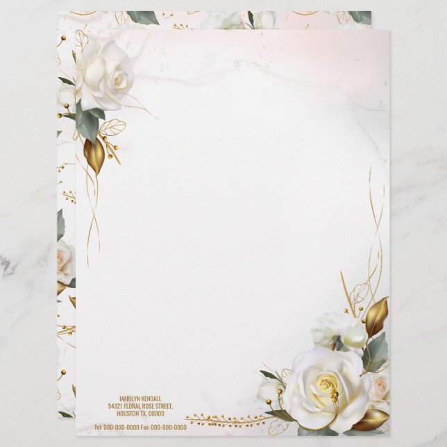 Romantic White Rose Gold Floral Wedding Custom Letterhead (Front/Back)