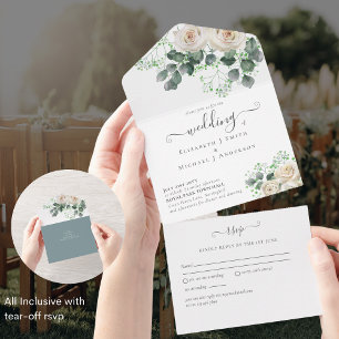 Romantic White Roses All Inclusive Wedding RSVP All In One Invitation