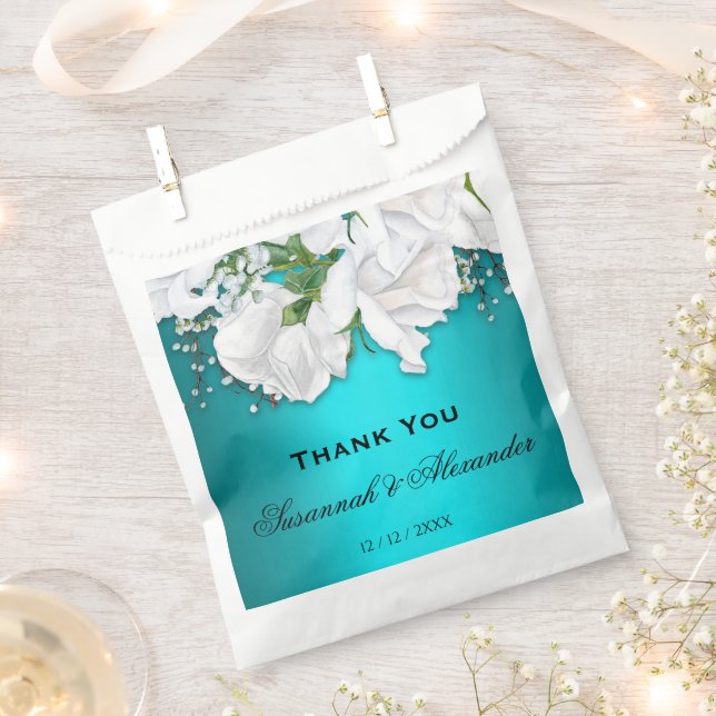Romantic White Roses and Aqua Wedding Favour Bags (Clipped)