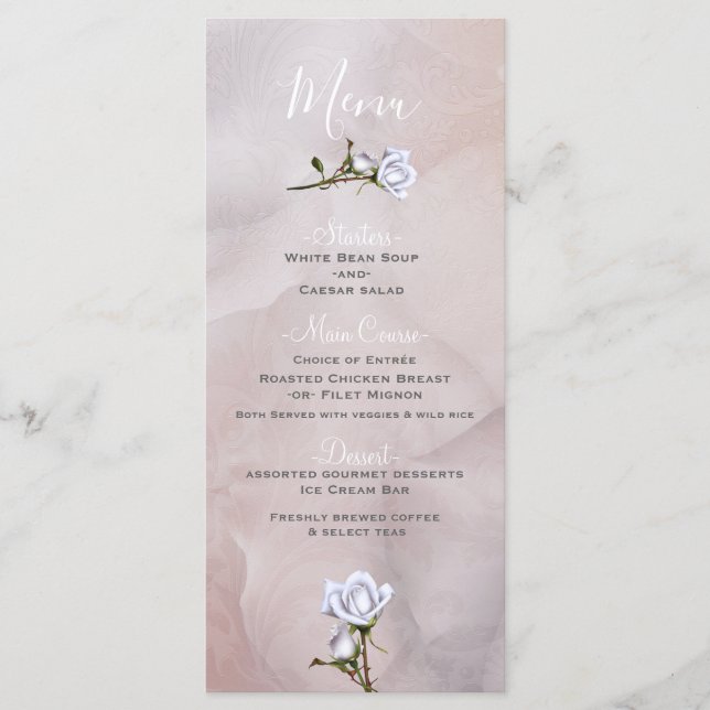 Romantic White Roses Elegant Glam Wedding Menu (Front)