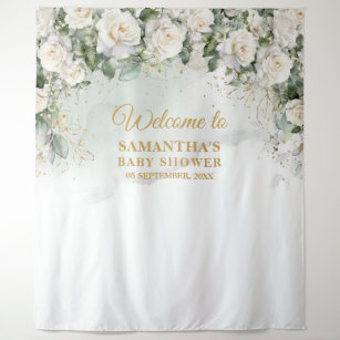 Romantic white roses Eucalyptus & gold baby shower Tapestry