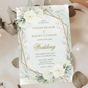Romantic white roses Eucalyptus Greenery and Gold Invitation