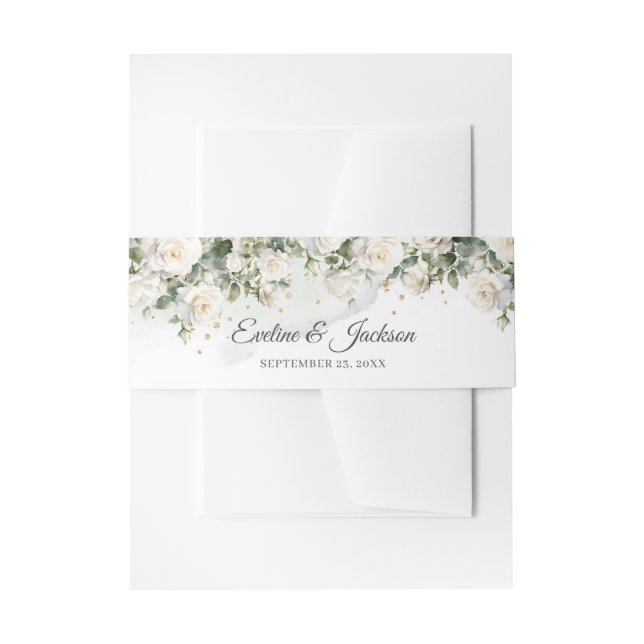 Romantic white roses Eucalyptus Greenery and Gold  Invitation Belly Band (Front Example)