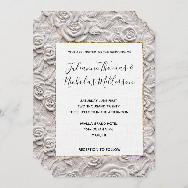 Romantic White Roses Faux Leather Wedding Invitation (Front/Back)