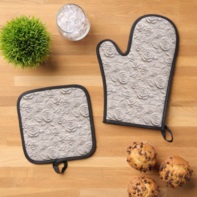 Romantic White Roses Faux Leather Wedding Oven Mitt & Pot Holder Set (Top Down)