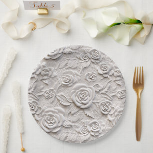 Romantic White Roses Faux Leather Wedding Paper Plate