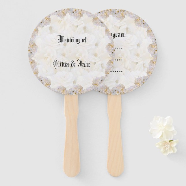 Romantic white roses hand fan (Front and Back)