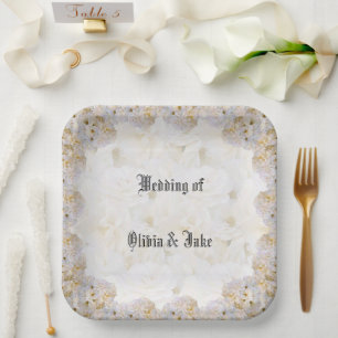 Romantic white roses square paper plates