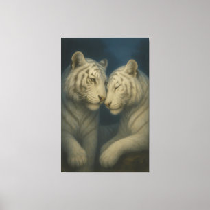 Romantic White Tiger Couple – Moonlit Soft Blue Fi Canvas Print
