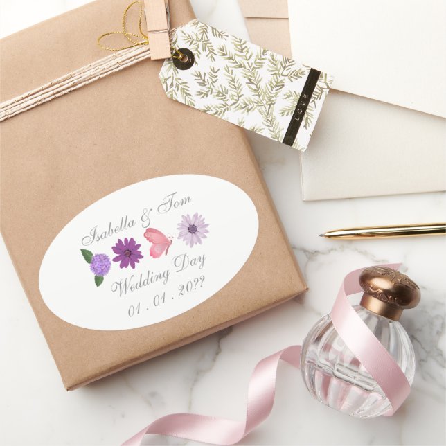 Romantic Wildflower & Butterfly Botanical Wedding Oval Sticker (Gifting)