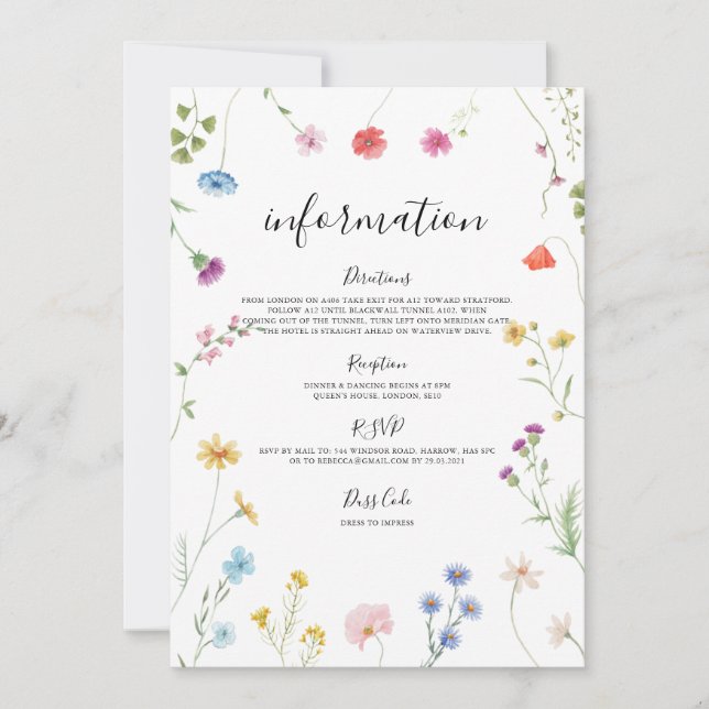 Romantic Wildflower Wedding Information Card (Front)