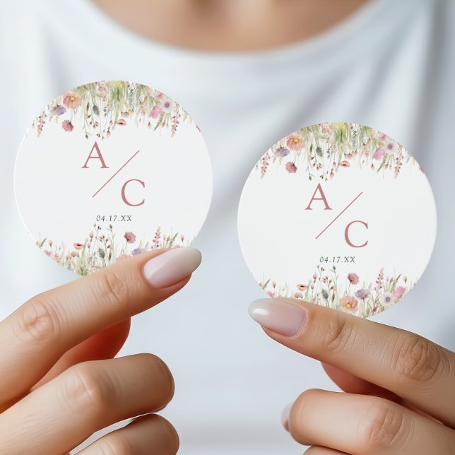 Romantic Wildflower Wedding Monogram Classic Round Sticker (Creator Uploaded)