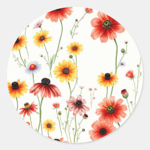 Romantic Wildflower with Poppies and Daisies Classic Round Sticker