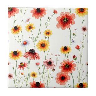 Romantic Wildflower with Poppies and Daisies Tile
