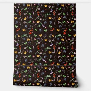 Romantic Wildflowers and Butterflies black Wallpaper
