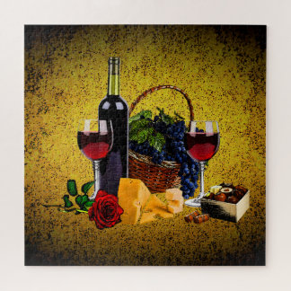 Romantic wine glass, bottle, cheese, grapes, gold jigsaw puzzle