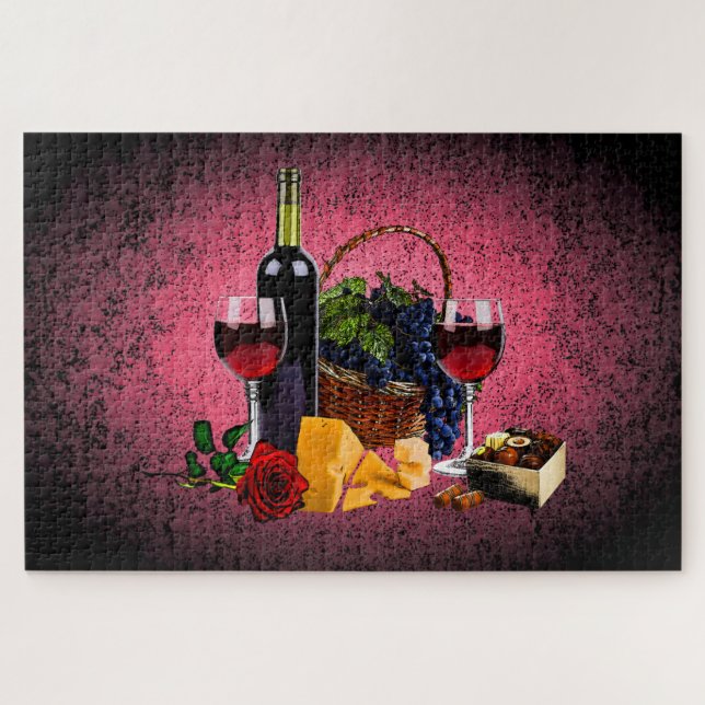 Romantic wine glass, bottle, cheese, grapes, pink jigsaw puzzle (Horizontal)