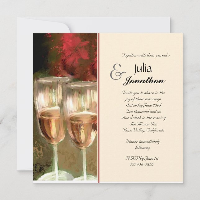 Romantic Wine Glasses & Flower Wedding Invitation (Front)
