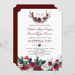 Romantic Winter Burgundy Floral Antlers Wedding Invitation<br><div class="desc">Elegant,  Burgundy,  White Floral card design. It features gorgeous Burgundy,  White watercolour bouquet,  floral antlers,  unique floral arrows with hearts as divider,  on the back a Burgundy background. Use Customise tool to add your info. For matching items,  please,  visit my Winter Floral Bouquet Collection.</div>