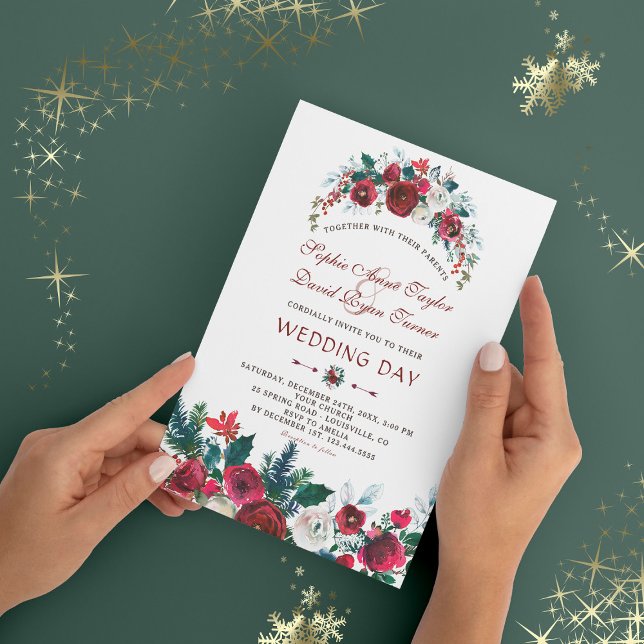 Romantic Winter Burgundy Floral Pine Wedding Invitation (Creator Uploaded)
